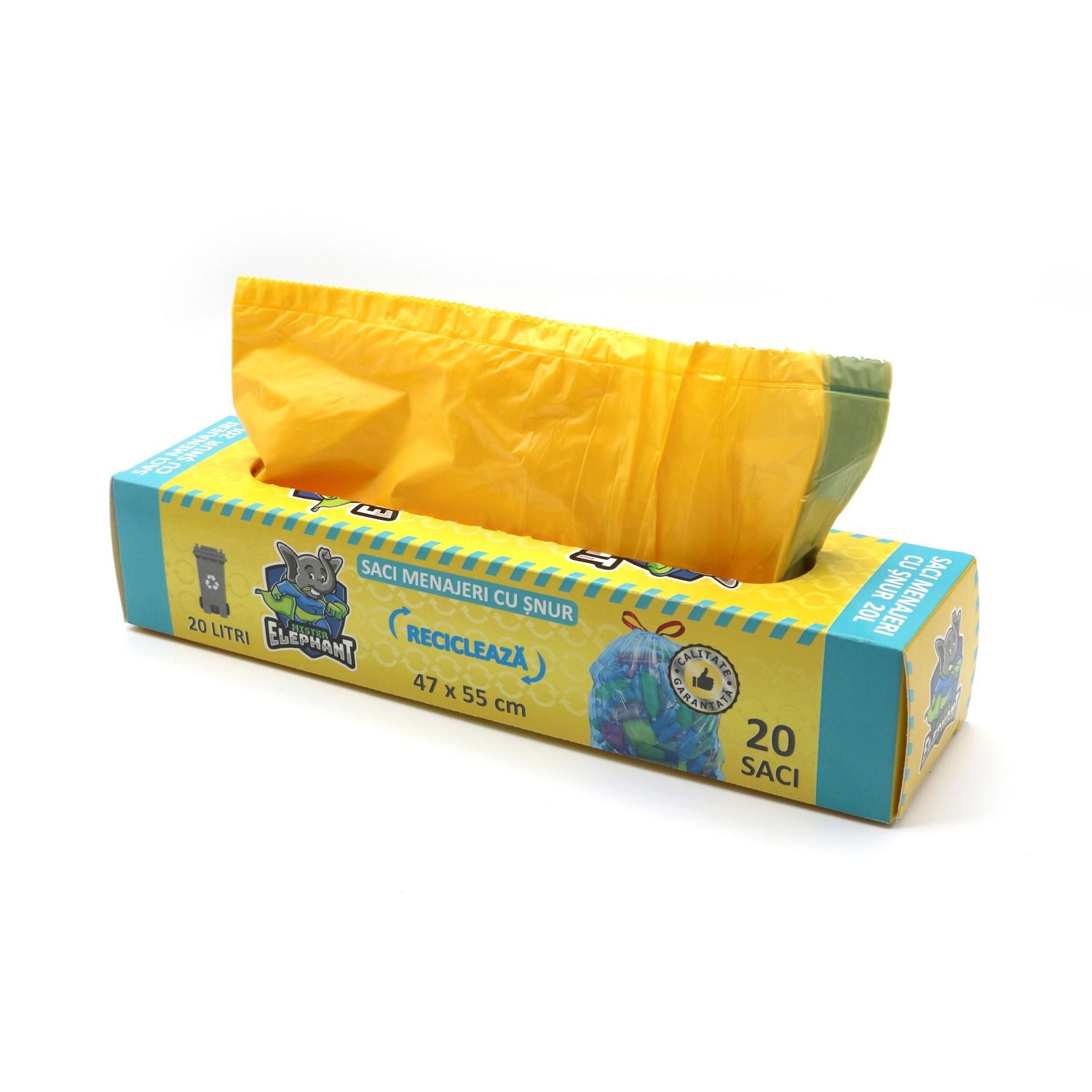 Saci menajeri cu șnur Mr. Elephant 20L, galben – 20 saci/rolă