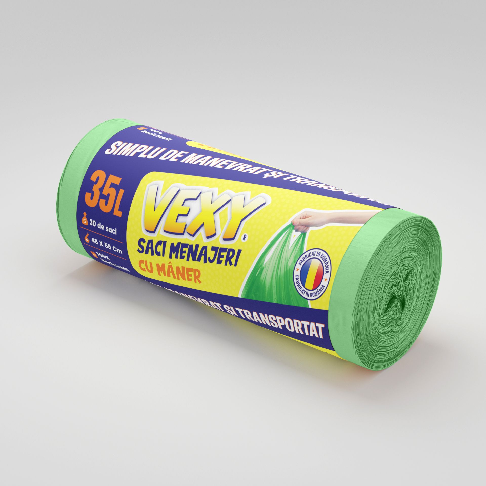 Saci menajeri cu mâner VEXY 35L, Verzi- 30 saci/rola