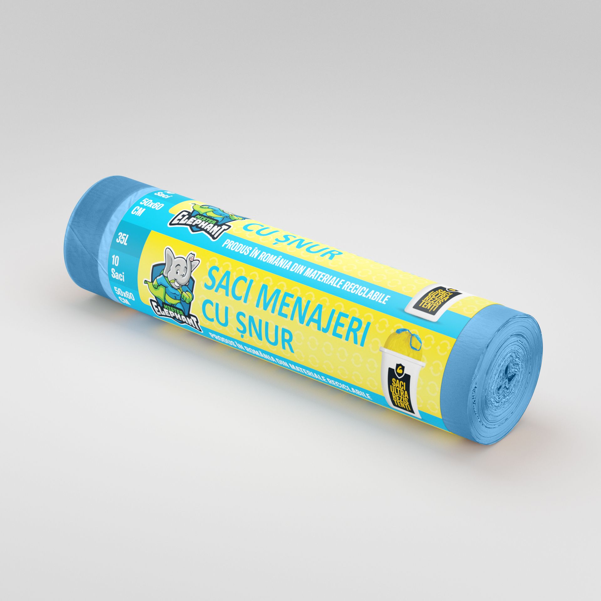 Saci menajeri cu șnur Mr. Elephant 35L – Albastri-10 saci/rola