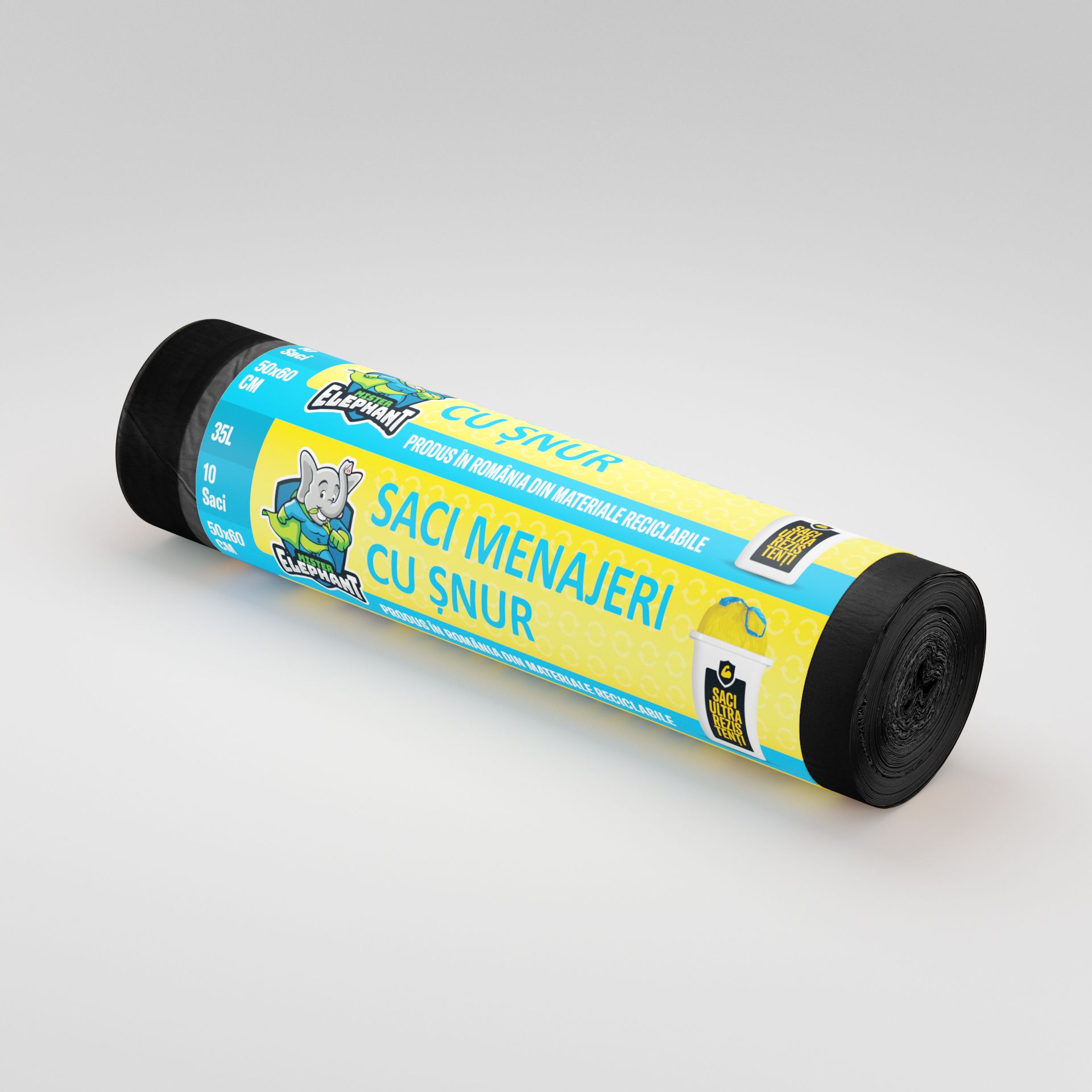 Saci menajeri cu șnur Mr. Elephant 35L – Negri-10 saci/rola