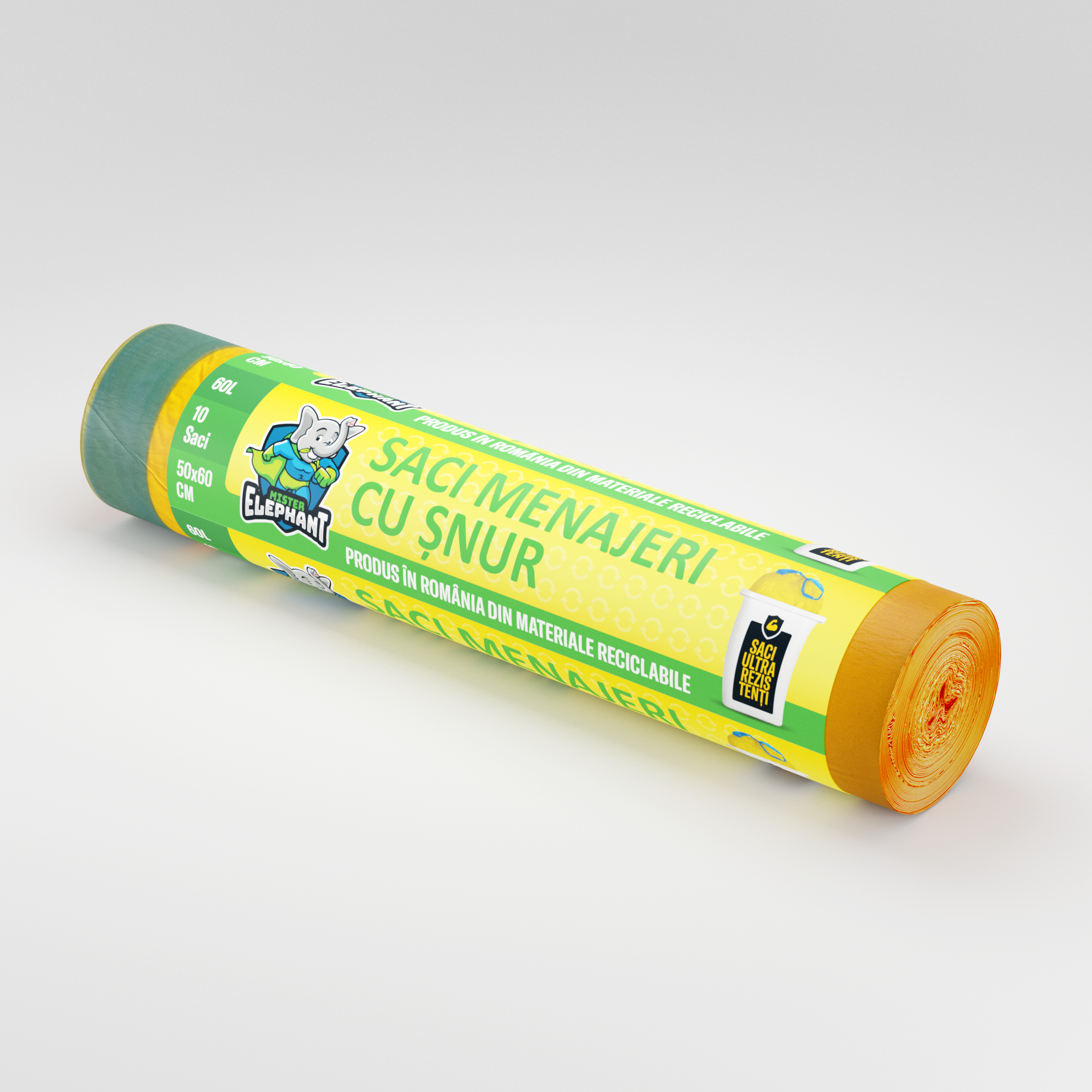 Saci menajeri cu șnur Mr. Elephant 60L – Galbeni-10 saci/rola