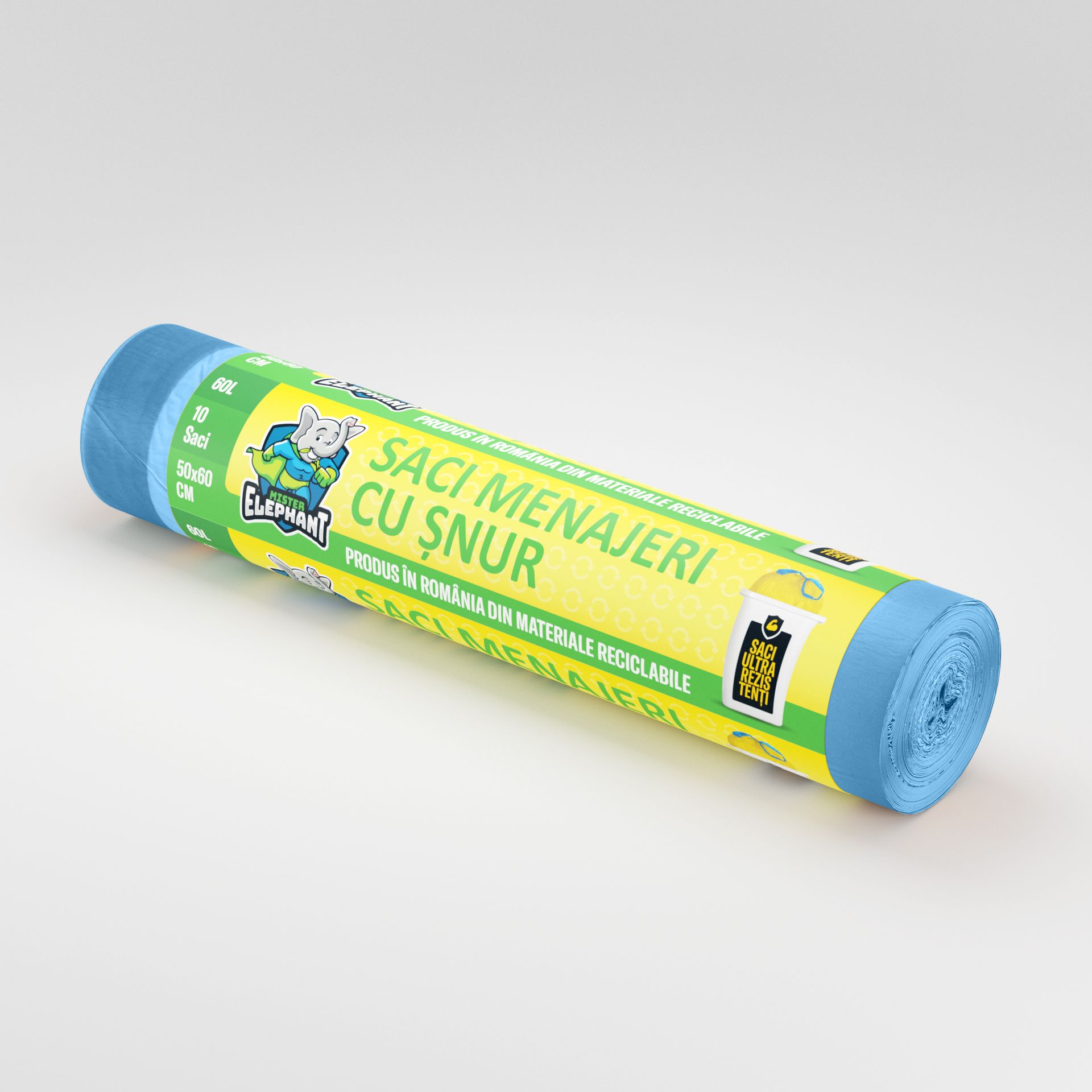 Saci menajeri cu șnur Mr. Elephant 60L – Albaștri-10 saci/rola