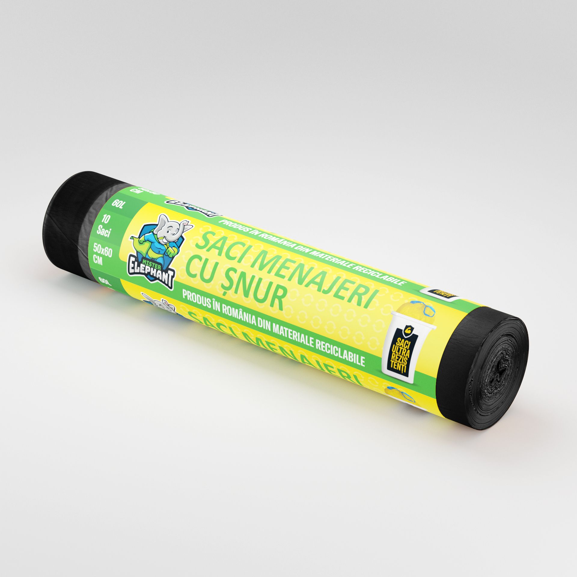 Saci menajeri cu șnur Mr. Elephant 60L –Negri-10 saci/rola