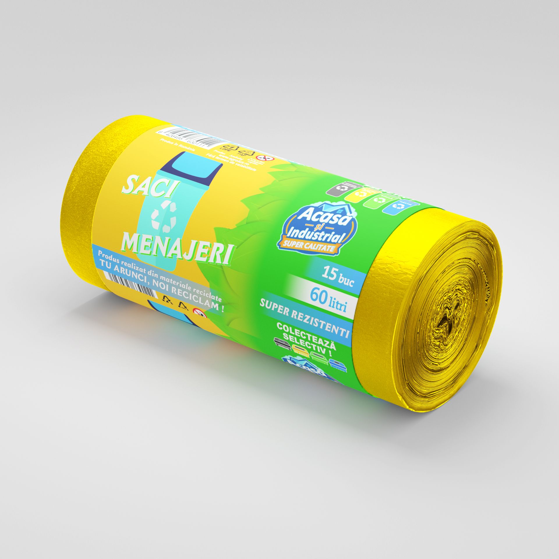 Saci menajeri 60L galben 15 saci/rola Acasa si Industrial
