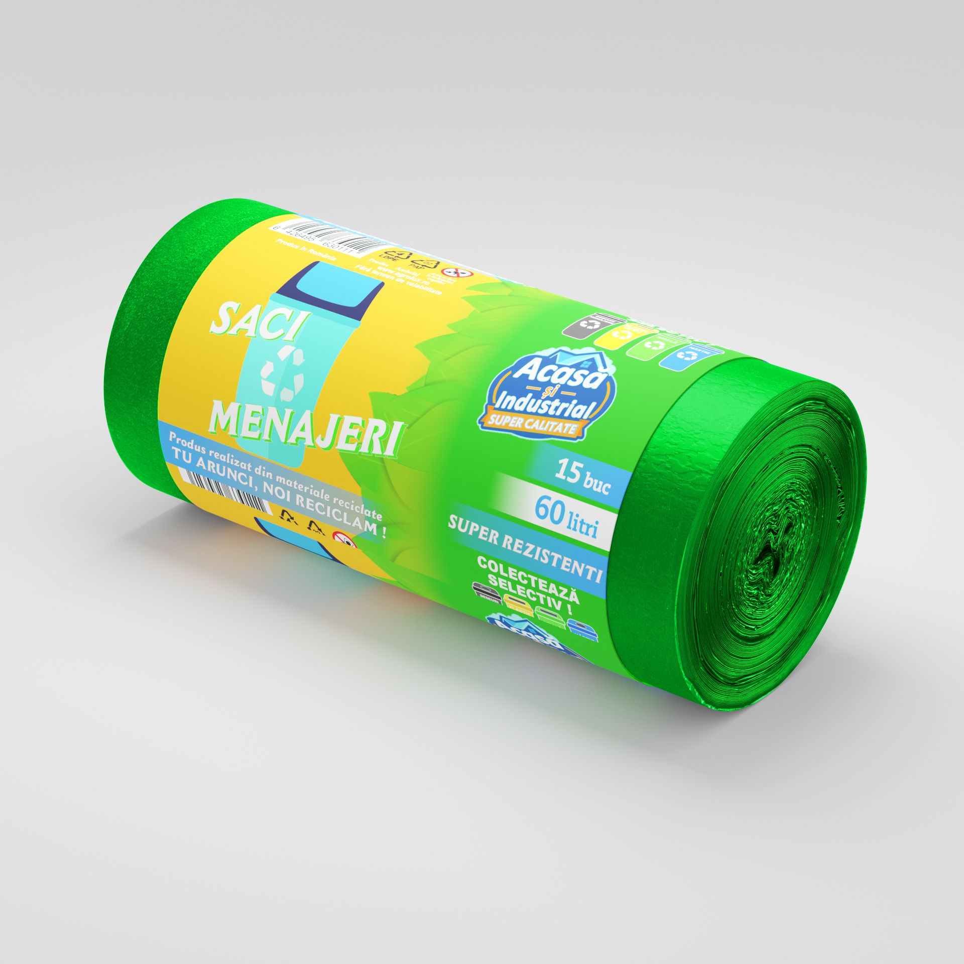 Saci menajeri 60L verzi 15 saci/rola Acasa si Industrial