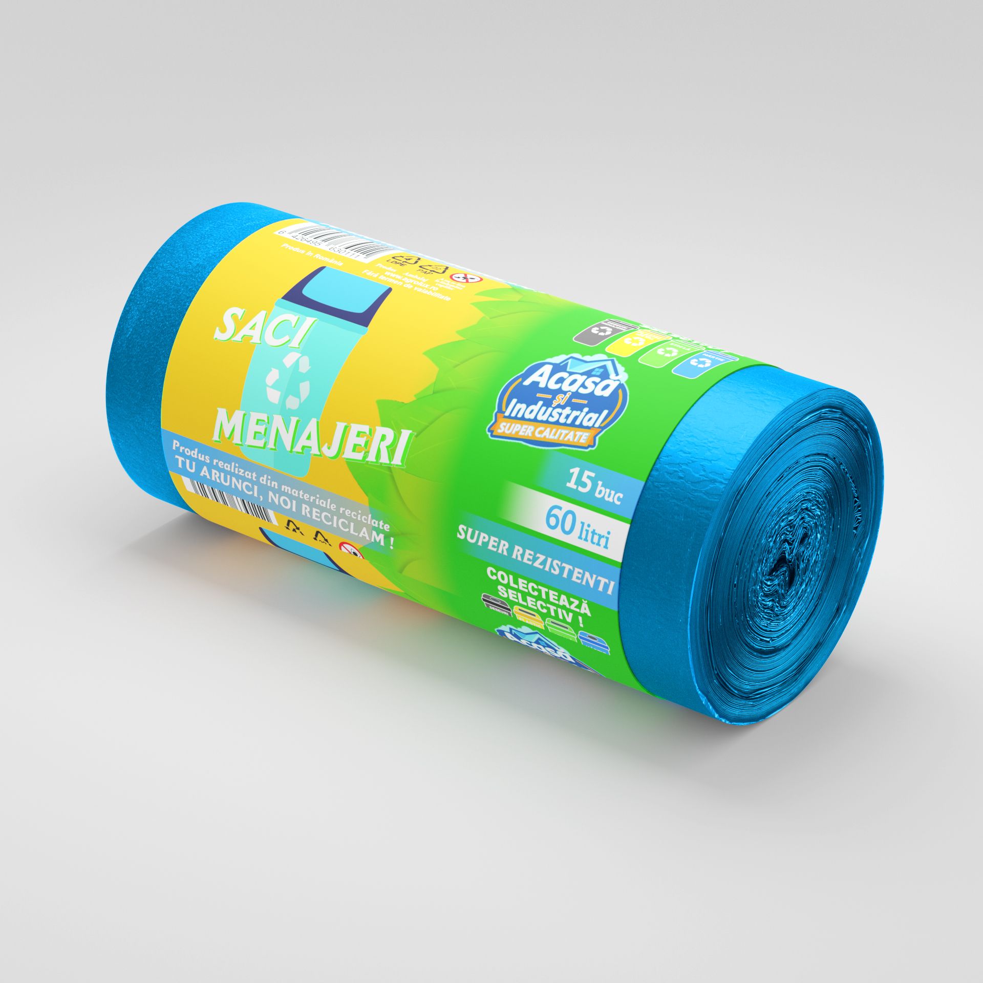 Saci menajeri 60L albastru 15 saci/rola Acasa si Industrial 