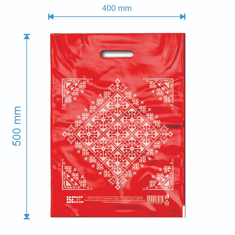 Sacoșă tip Banana 400x500, Rosie cu Motive Traditionale, material reciclat, 50 Microni