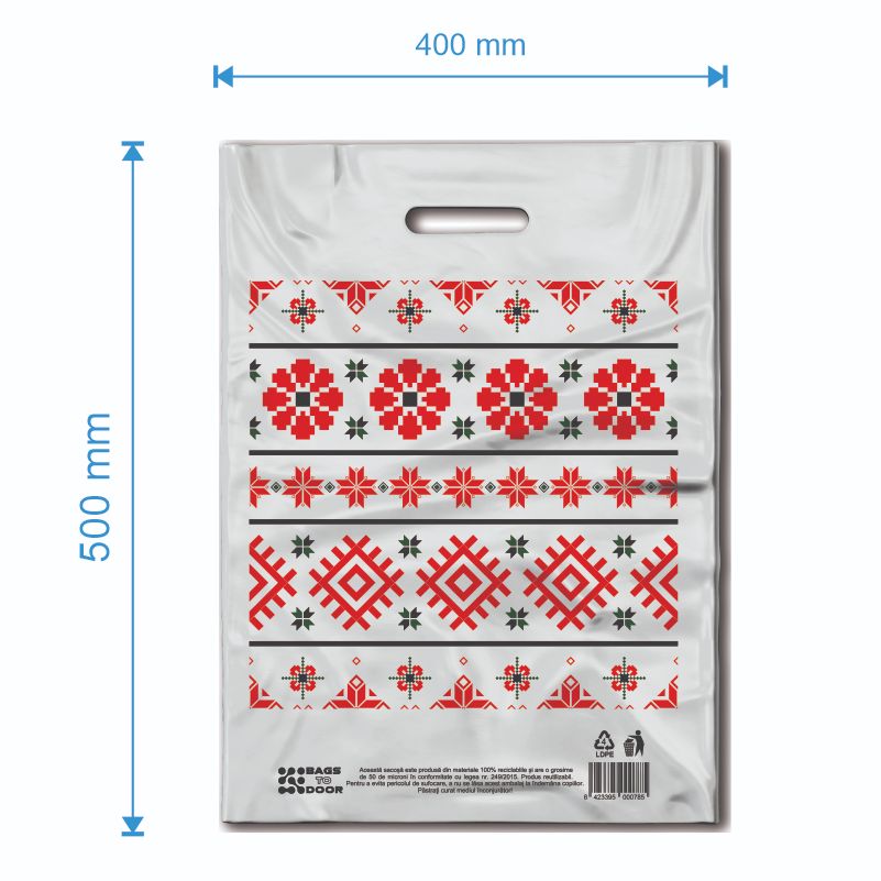 Sacoșă tip Banana 400x500, Albă cu Motive Traditionale, material virgin, 50 Microni